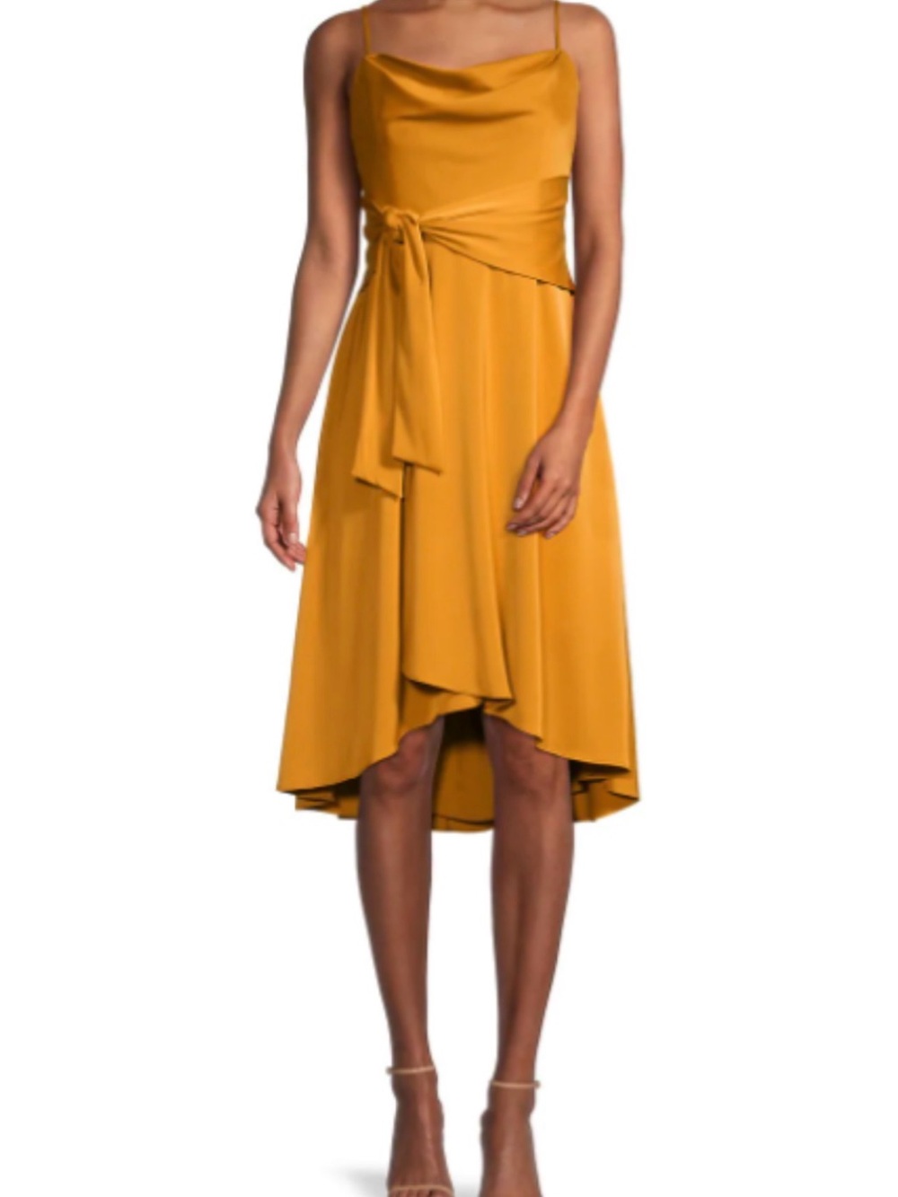 Aidan Mattox Mustard Yellow Satin Cowl Neck High Low Midi Dress